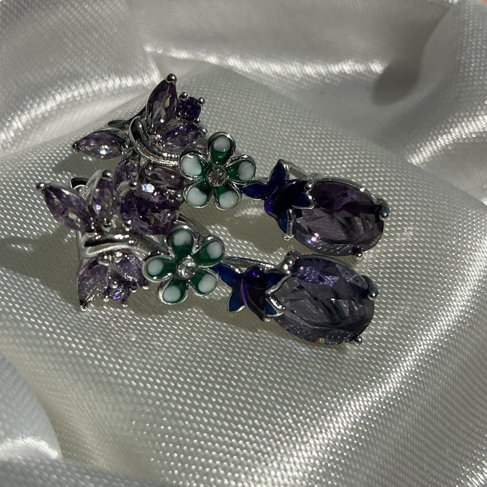 Purple  Amethyst  Butterfly Silver Filled  Floral Enamel Earrings